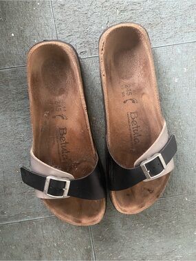 Birkenstock Two-Tone Black and Silver Slide Sandals